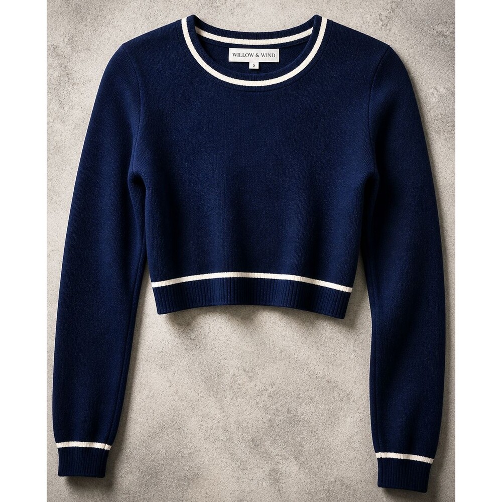 Cropped Sweater Womens Small Blue Contrast Trim Preppy Knit Willow & Wind